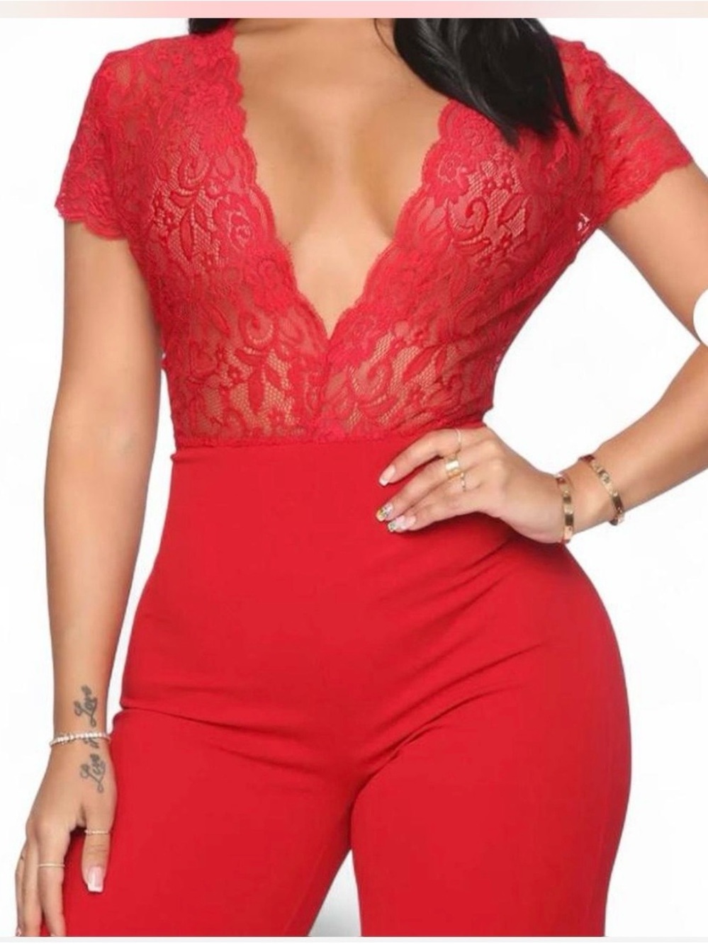 Red Lace Plunge V-Neck Jumpsuit
